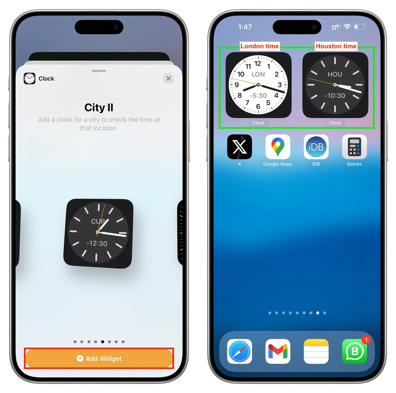 Ajout de deux widgets d'horloge de ville sur l'écran d'accueil de l'iPhone