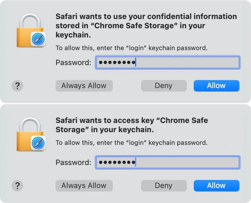 Sta toe dat Safari uw vertrouwelijke informatie gebruikt die is opgeslagen in Chrome Safe Storage