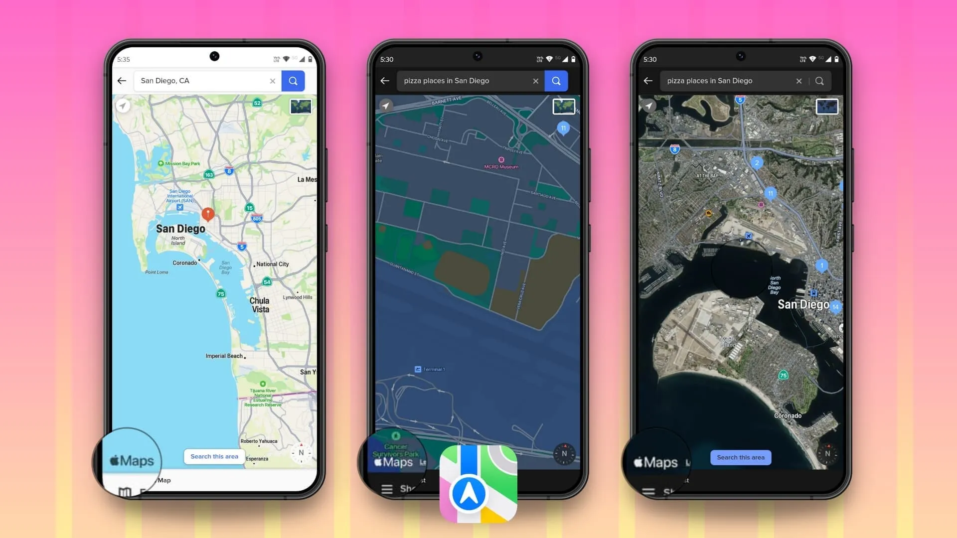 Trois maquettes de téléphones Android montrant Apple Maps