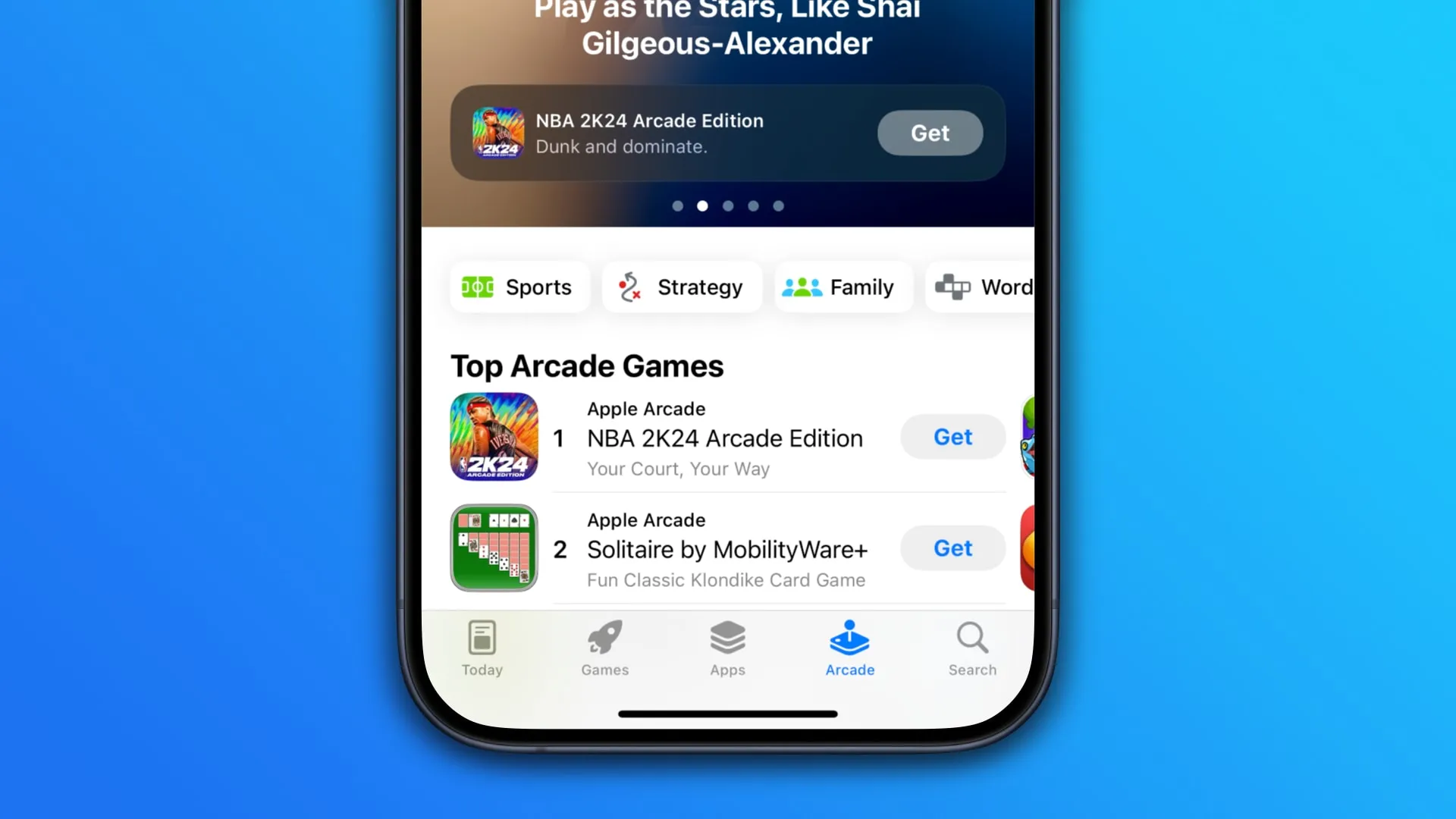 iPhone 上 App Store 的 Arcade 部分中的可滾動應用程式類別