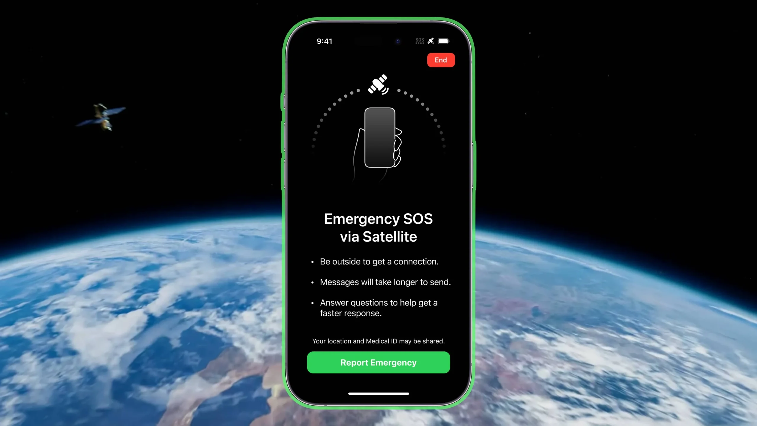 Composition showing a splash screen for Emergency SOS via satellite on iPhone, with a shot of planet Earth in the background Composition showing a splash screen for Emergency SOS via satellite on iPhone, with a shot of planet Earth in the background