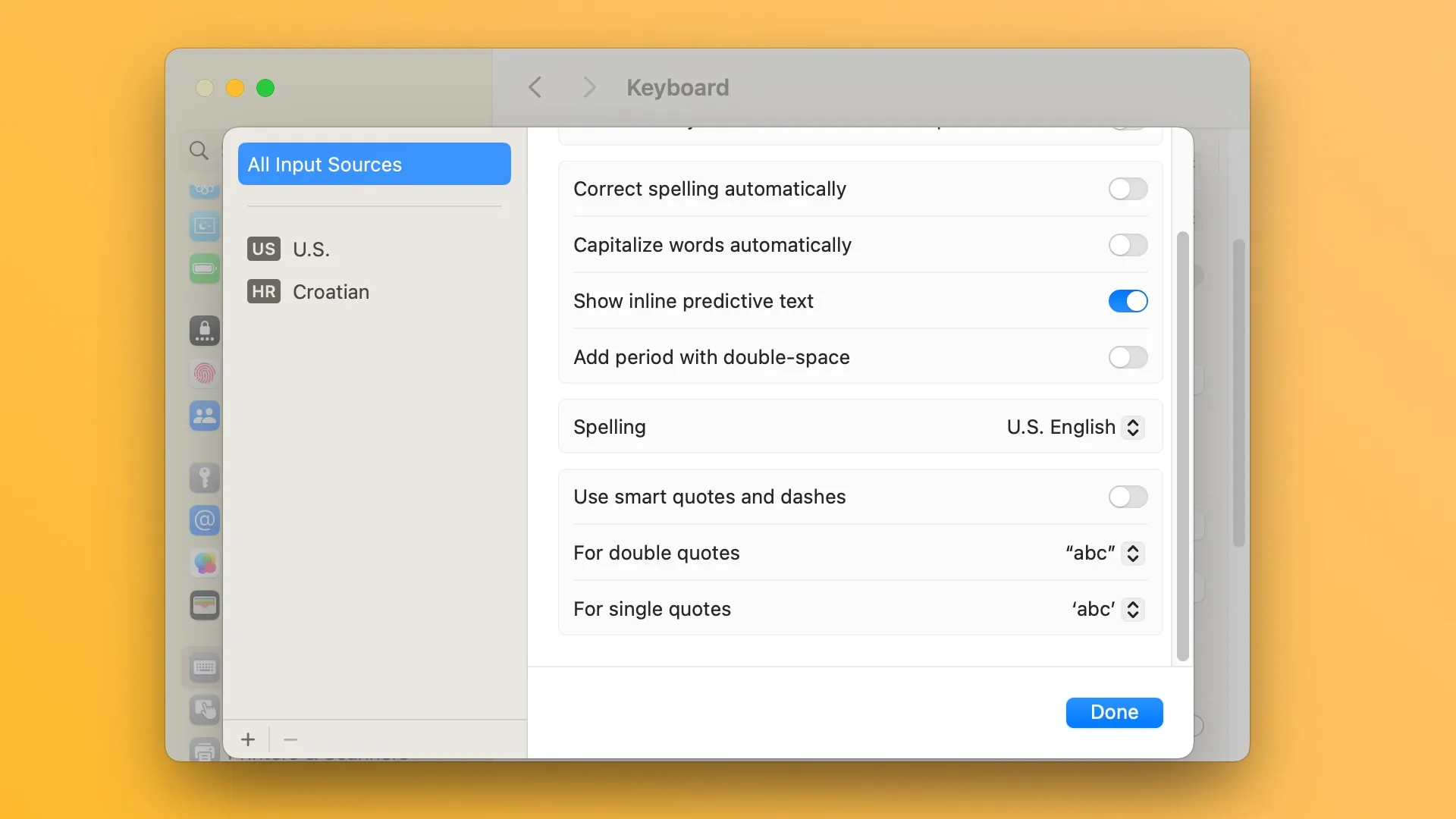 Paramètres du clavier dans macOS 14.2 avec les prédictions de texte en ligne activées