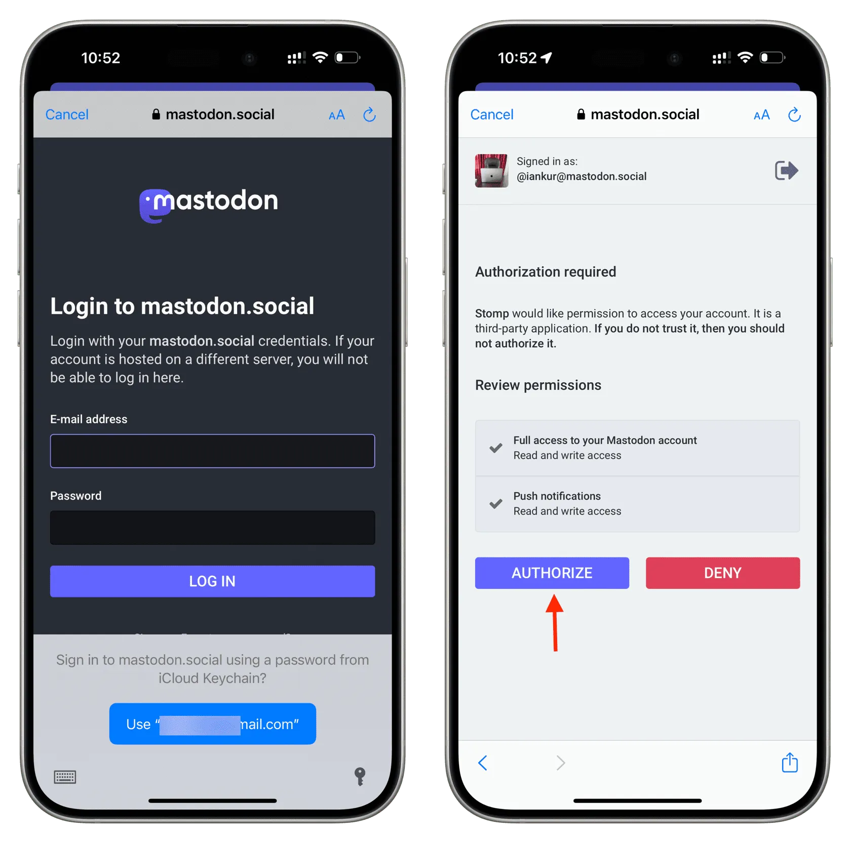 Authorize Stomp app to access your Mastodon account on iPhone Authorize Stomp app to access your Mastodon account on iPhone