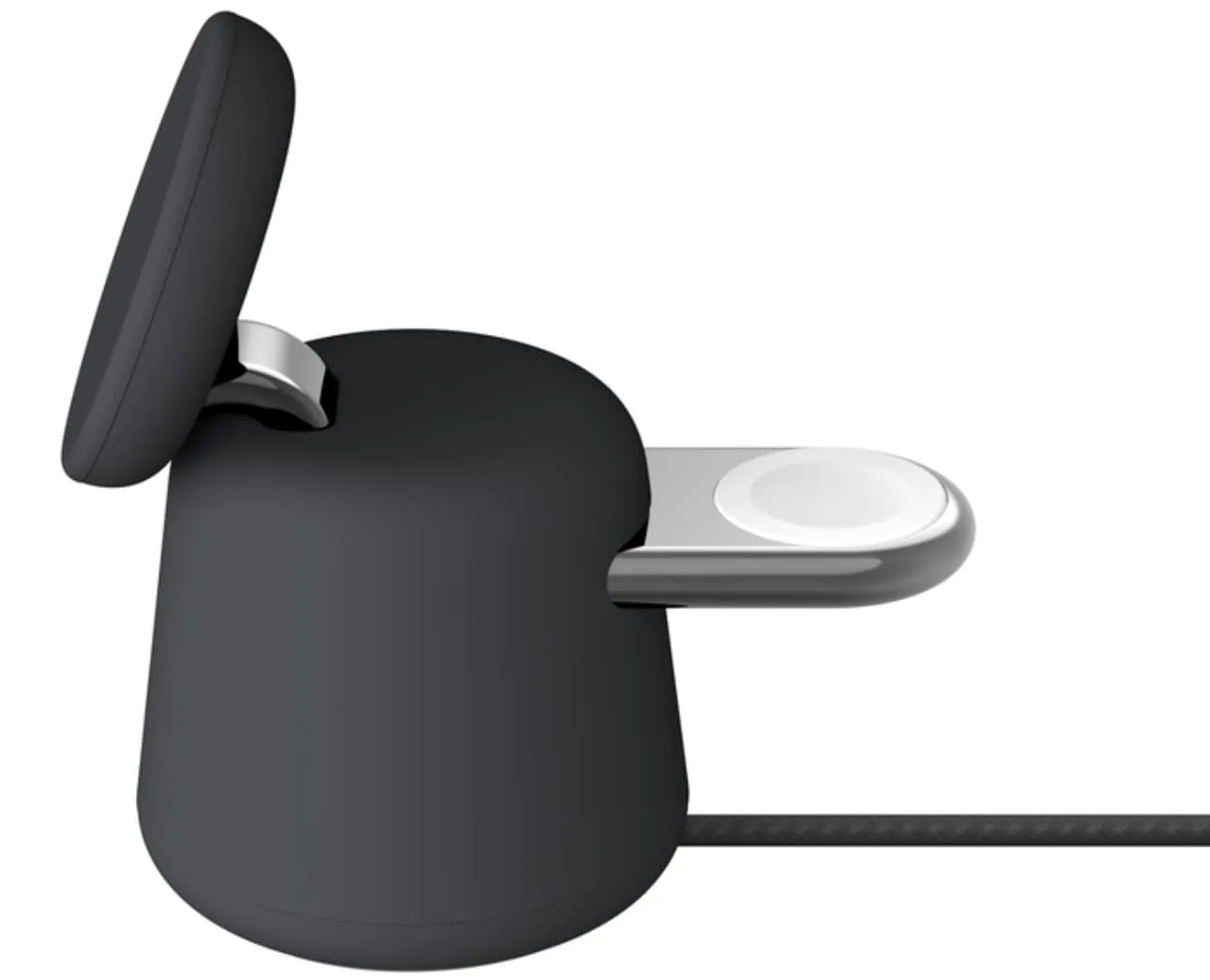 Belkin BoostCharge 2-in-1 kabellose Ladestation mit MagSafe-Profilansicht in Anthrazit.