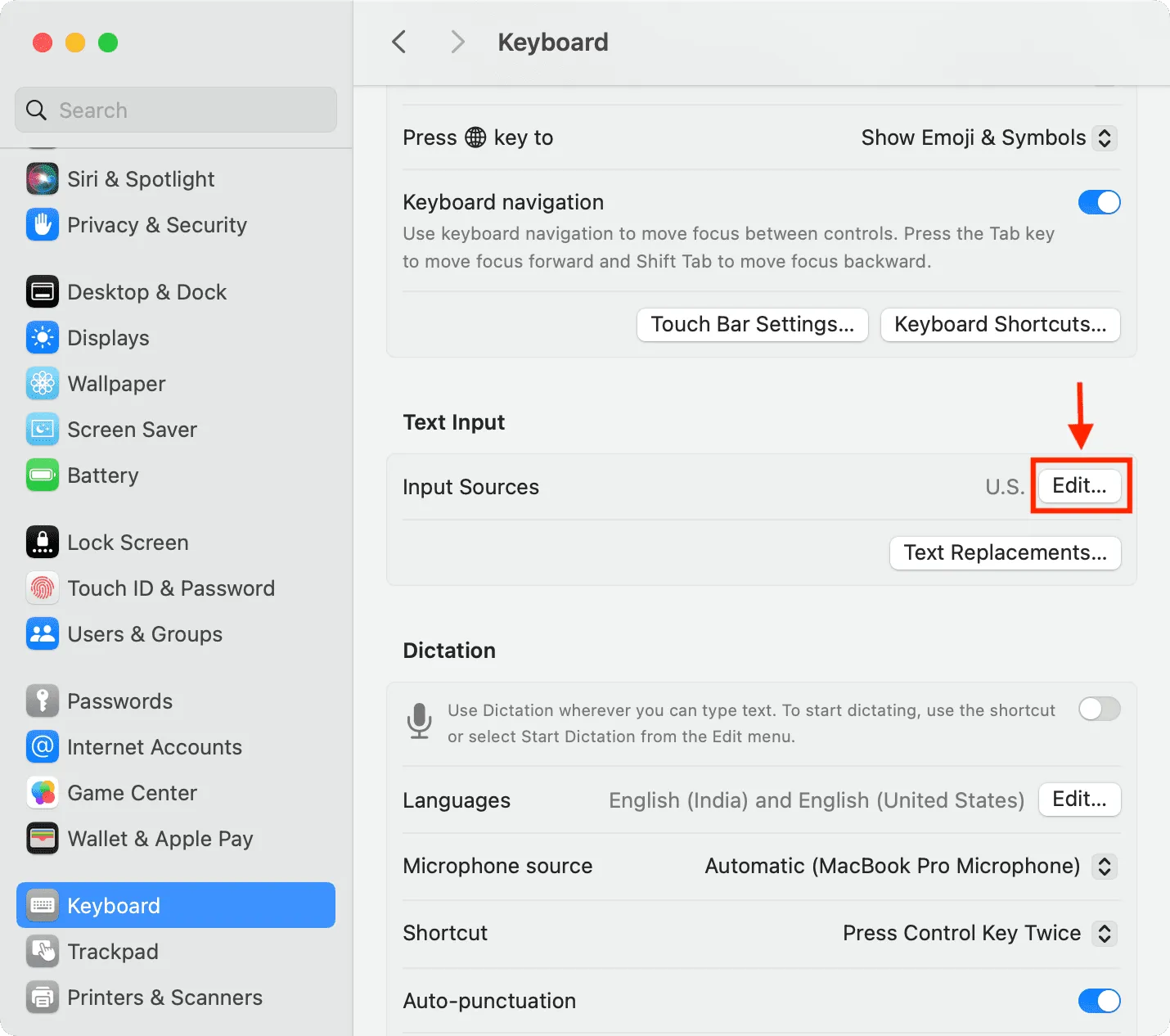 Klicken Sie in den Mac-Tastatureinstellungen auf „Bearbeiten“ für die Texteingabe