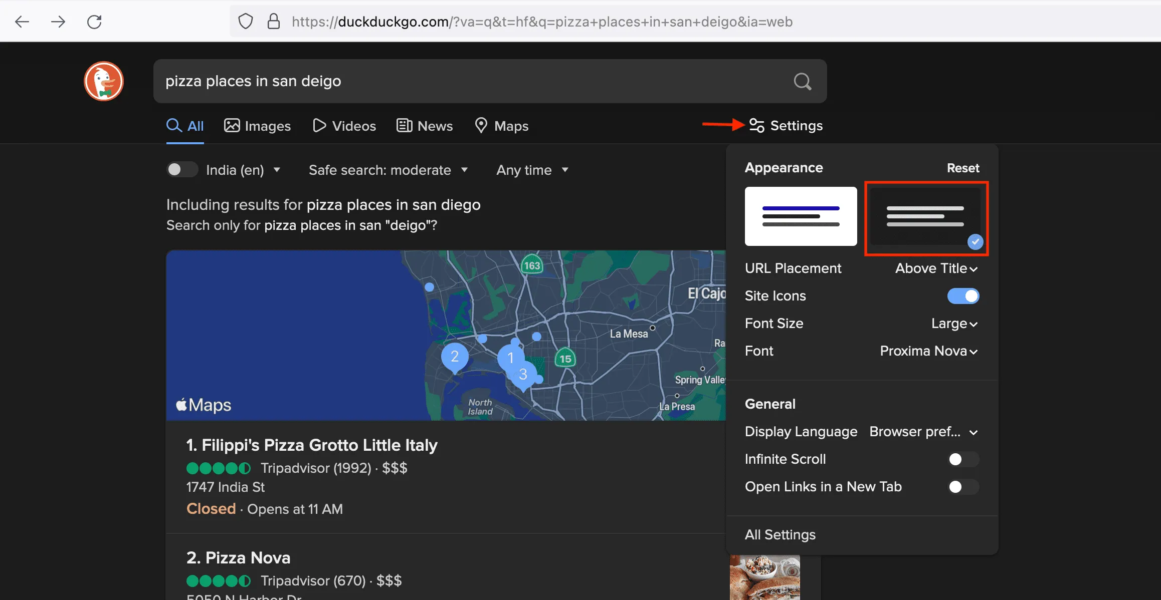 Mode sombre dans Apple Maps dans DuckDuckGo sur PC Windows