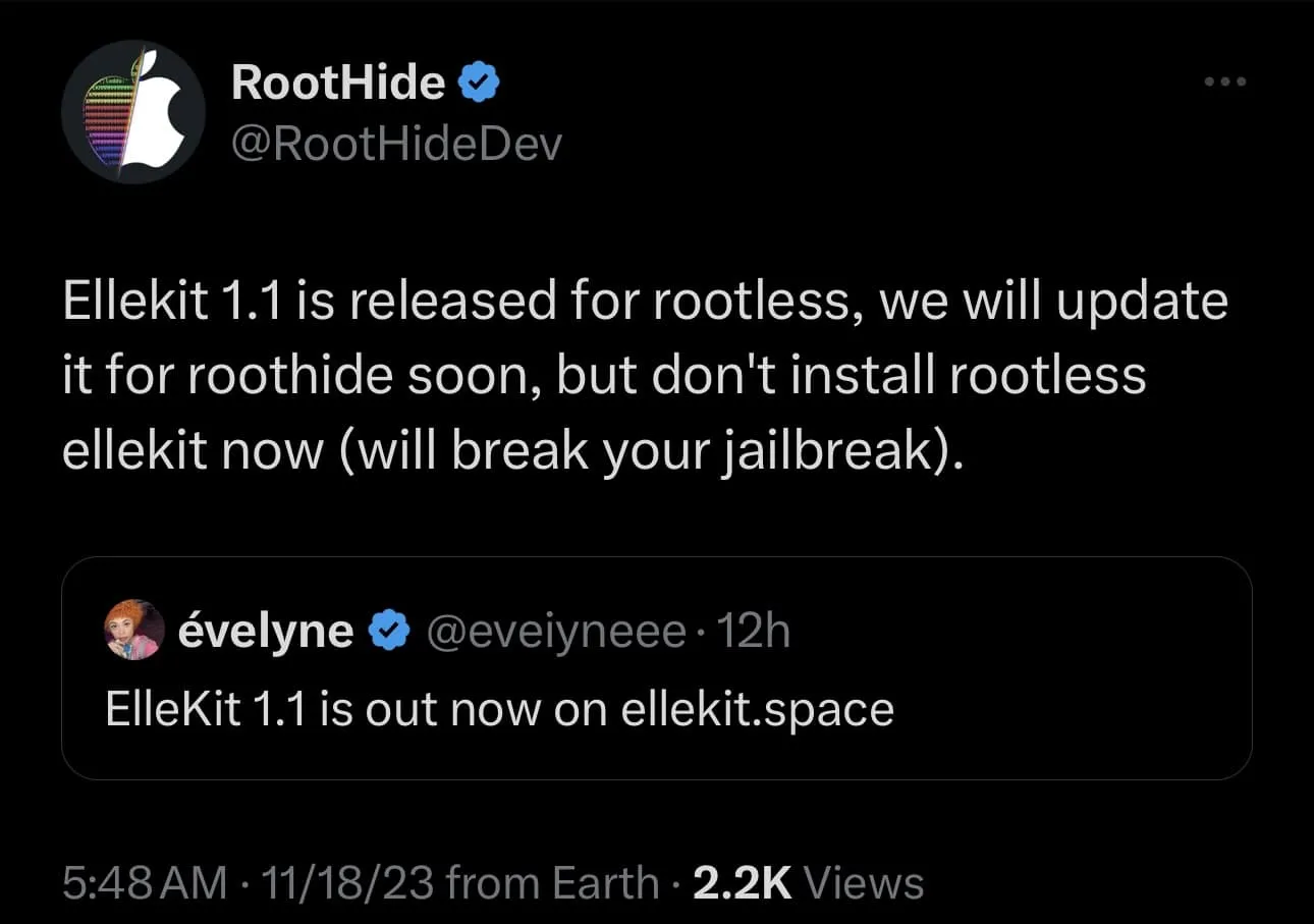 RootHide는 ElleKit v1.1 설치에 대해 경고합니다.