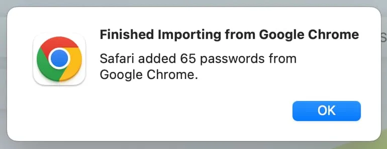 Завершено импорт паролей из Google Chrome в Safari.