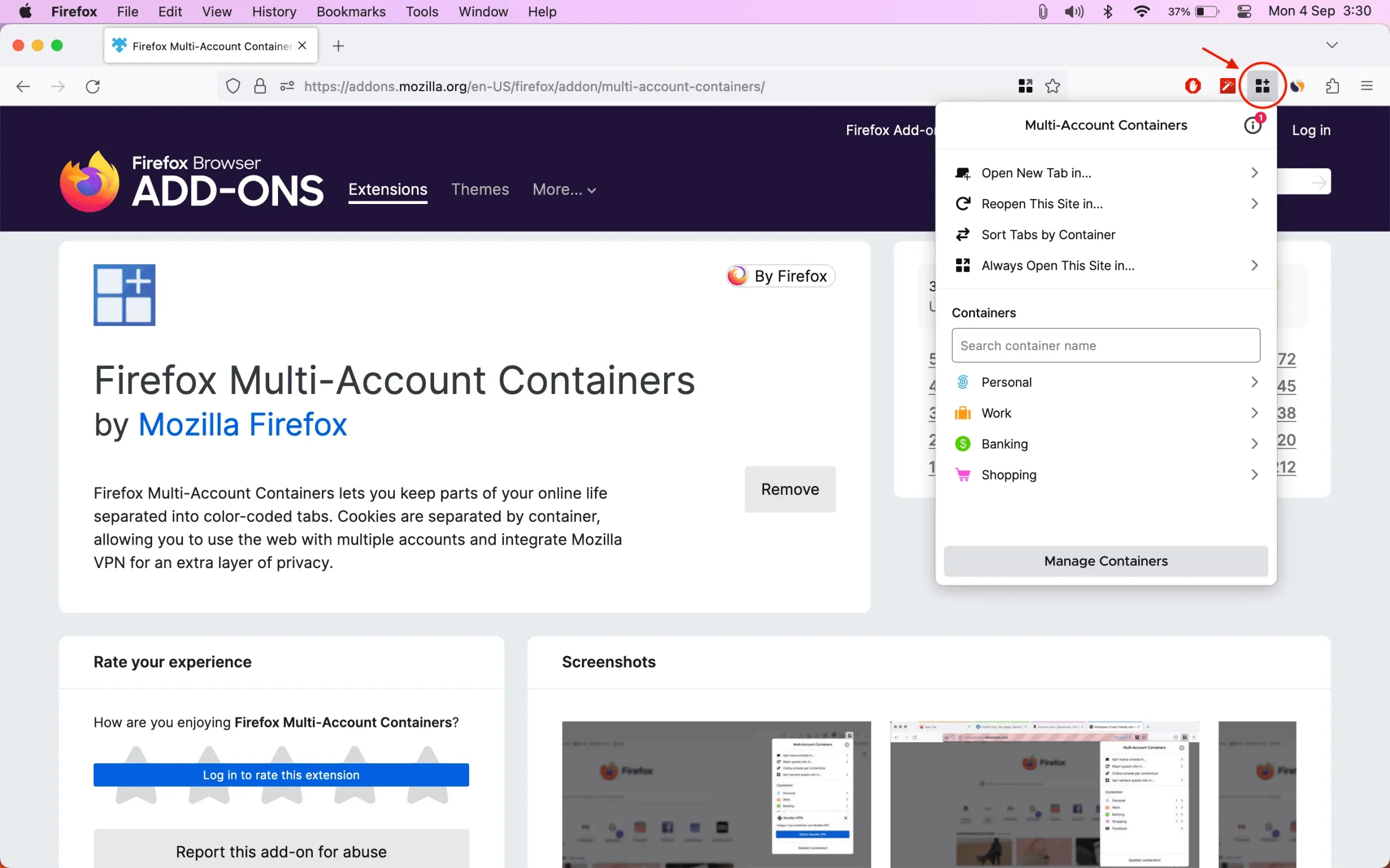 Vier containers in Firefox op Mac