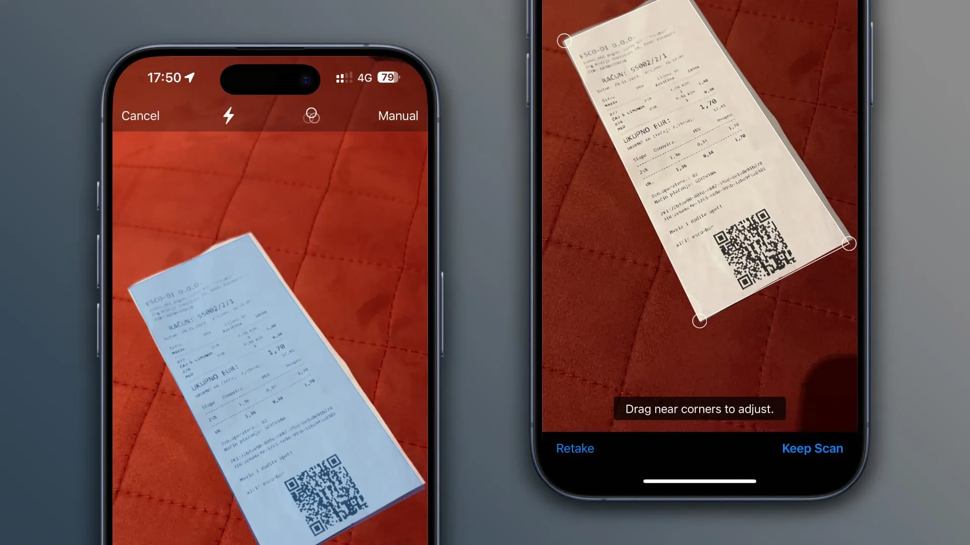 Scanning a receipt and adjusting corners in Google Drive for iPhone Scanning a receipt and adjusting corners in Google Drive for iPhone