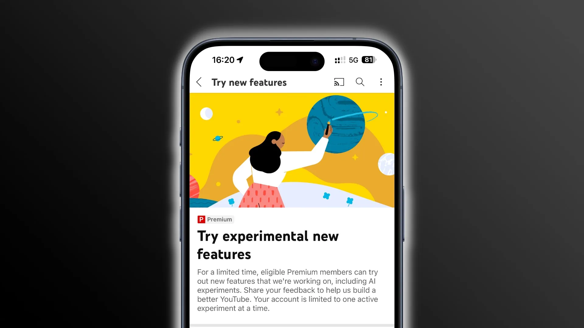 Die YouTube-Experimentseite in der mobilen YouTube-App auf dem iPhone