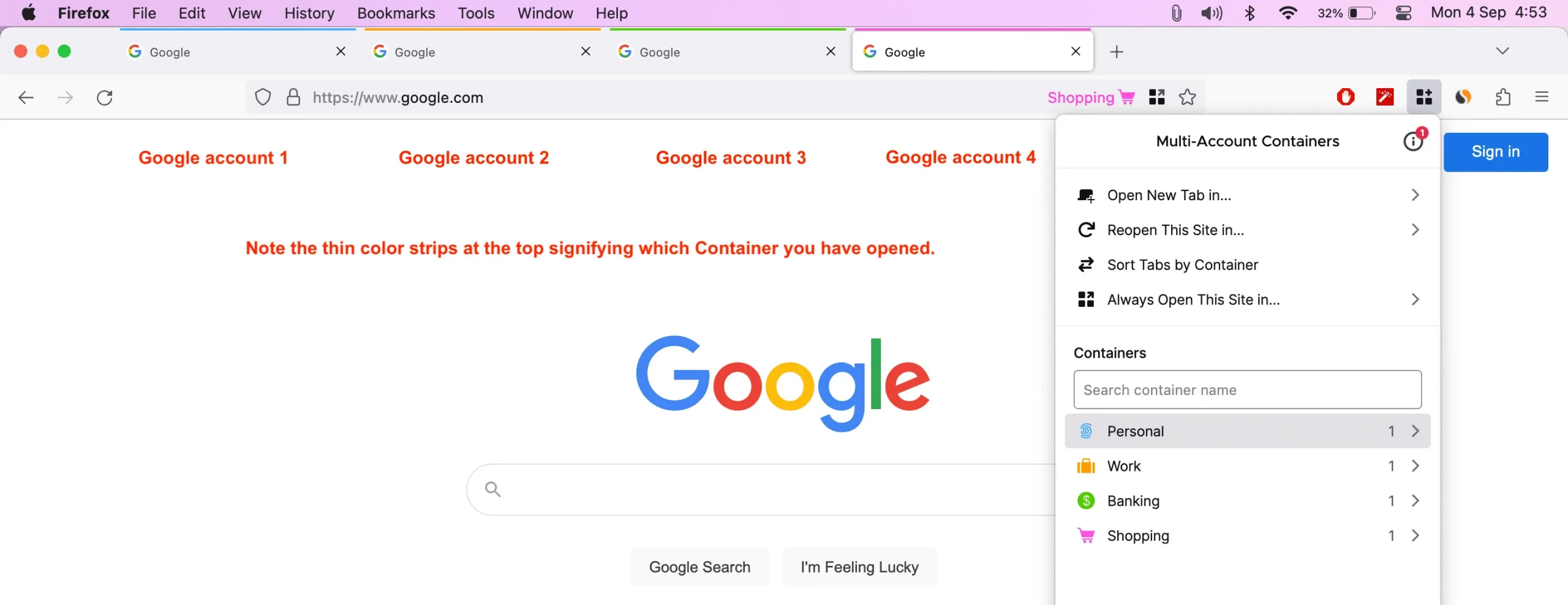 Afzonderlijke Google-accounts worden geopend in vier verschillende containers in Firefox