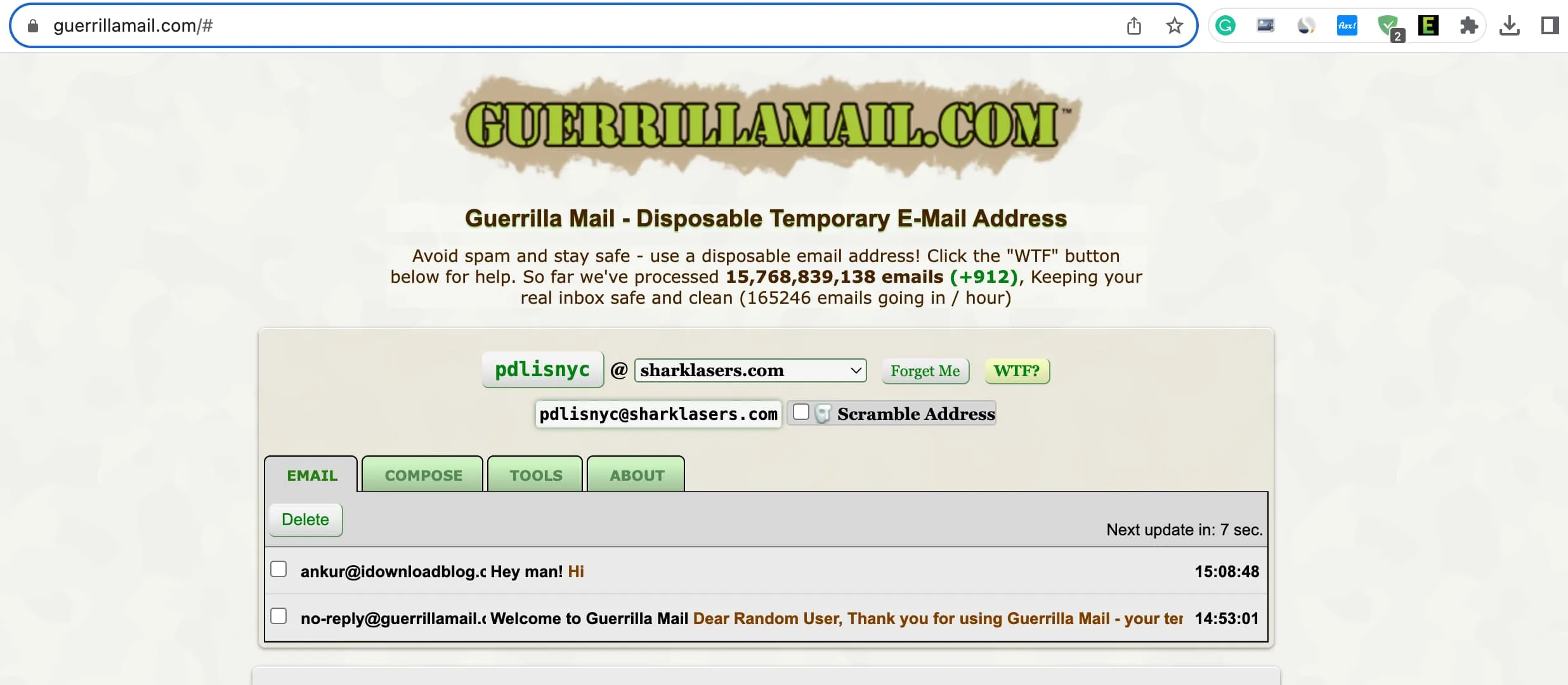 Guerrilla Mail dans le navigateur Web