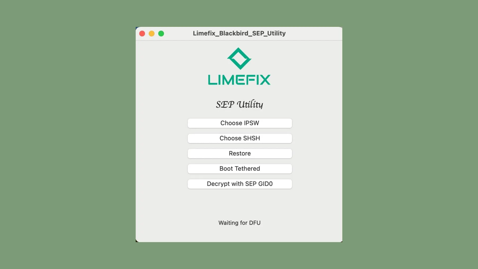 Interface utilisateur de l'utilitaire Limefix Blackbird SEP sur macOS.