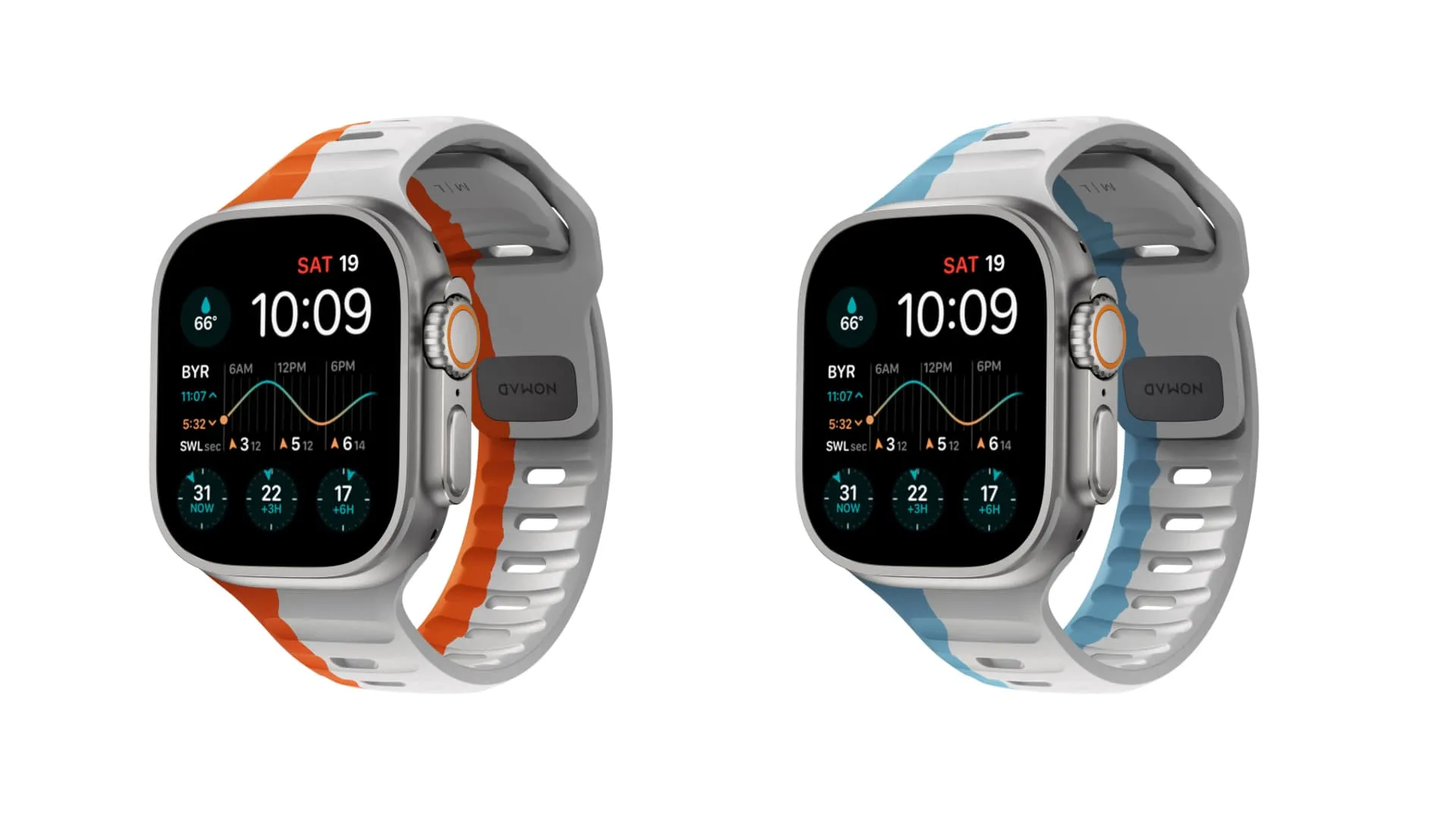 Orange und blaue Nomad Strike Apple Watch-Armbänder.