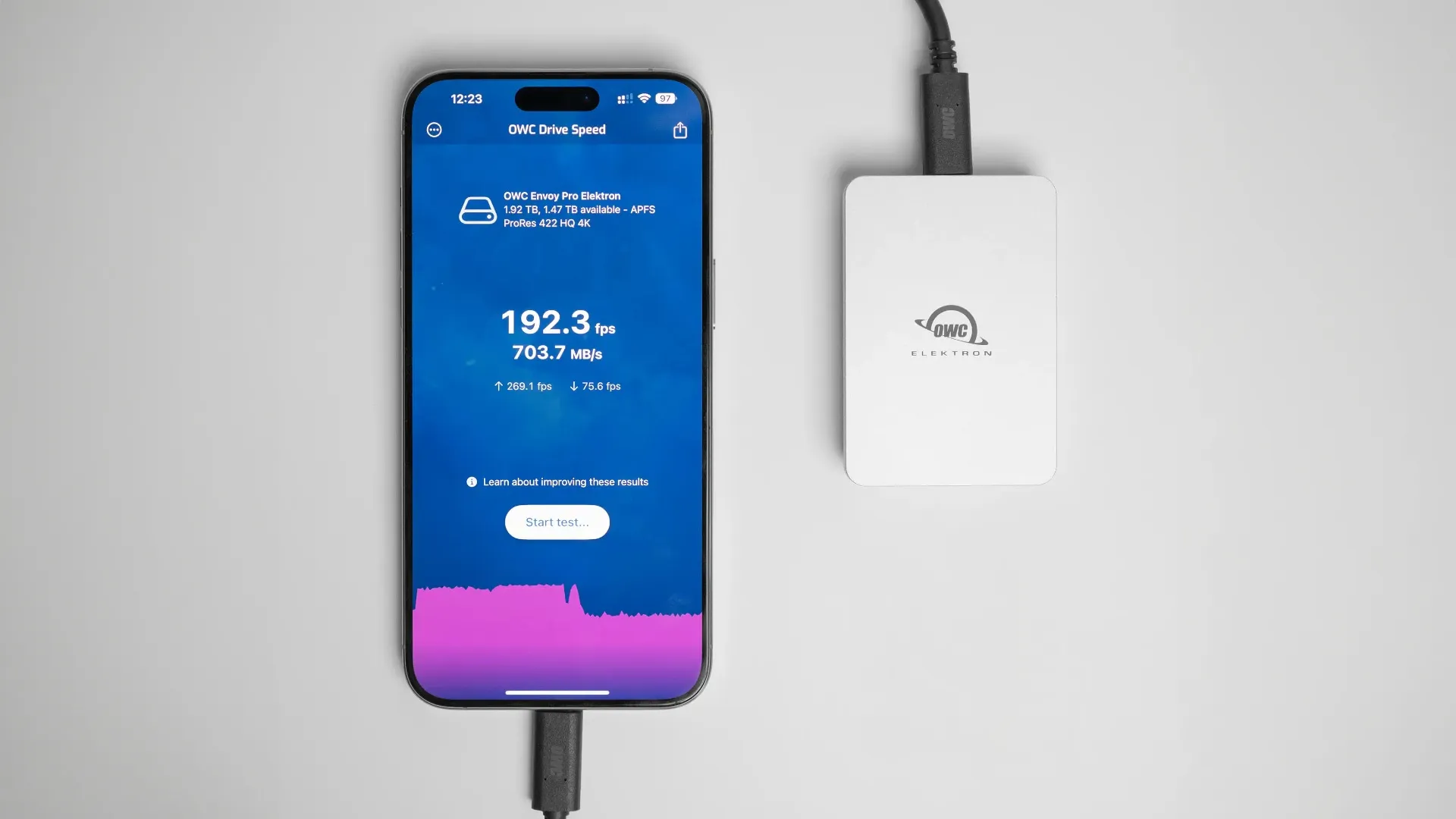 Die Drive Speed-App von OWC läuft auf dem iPhone 15 Pro, das an ein externes USB-C-Laufwerk angeschlossen ist