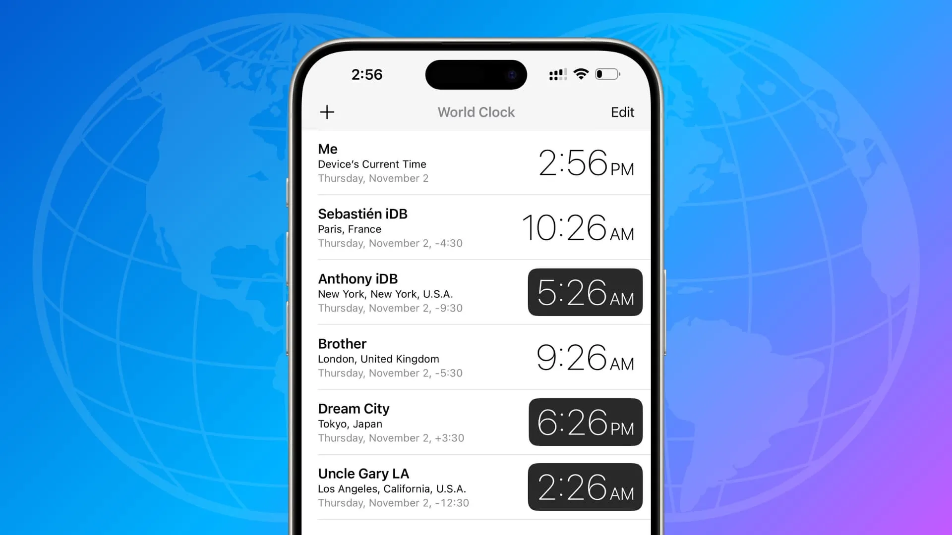 Horloge mondiale personnalisée sur iPhone affichant l'heure dans différentes villes