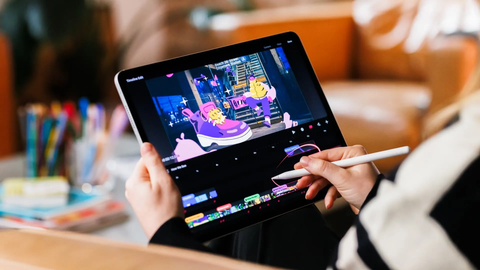 Verwenden Sie den Apple Pencil, um mit der Zeitleiste in der Procreate Dreams iPad-App zu interagieren