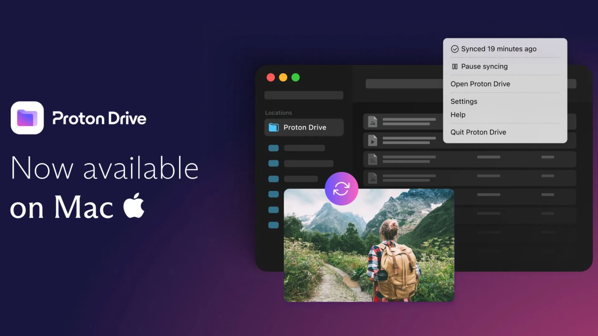 Маркетинговое изображение, объявляющее о доступности Proton Drive для macOS