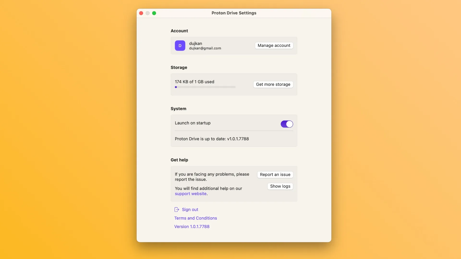 Настройки приложения Proton Drive для Mac