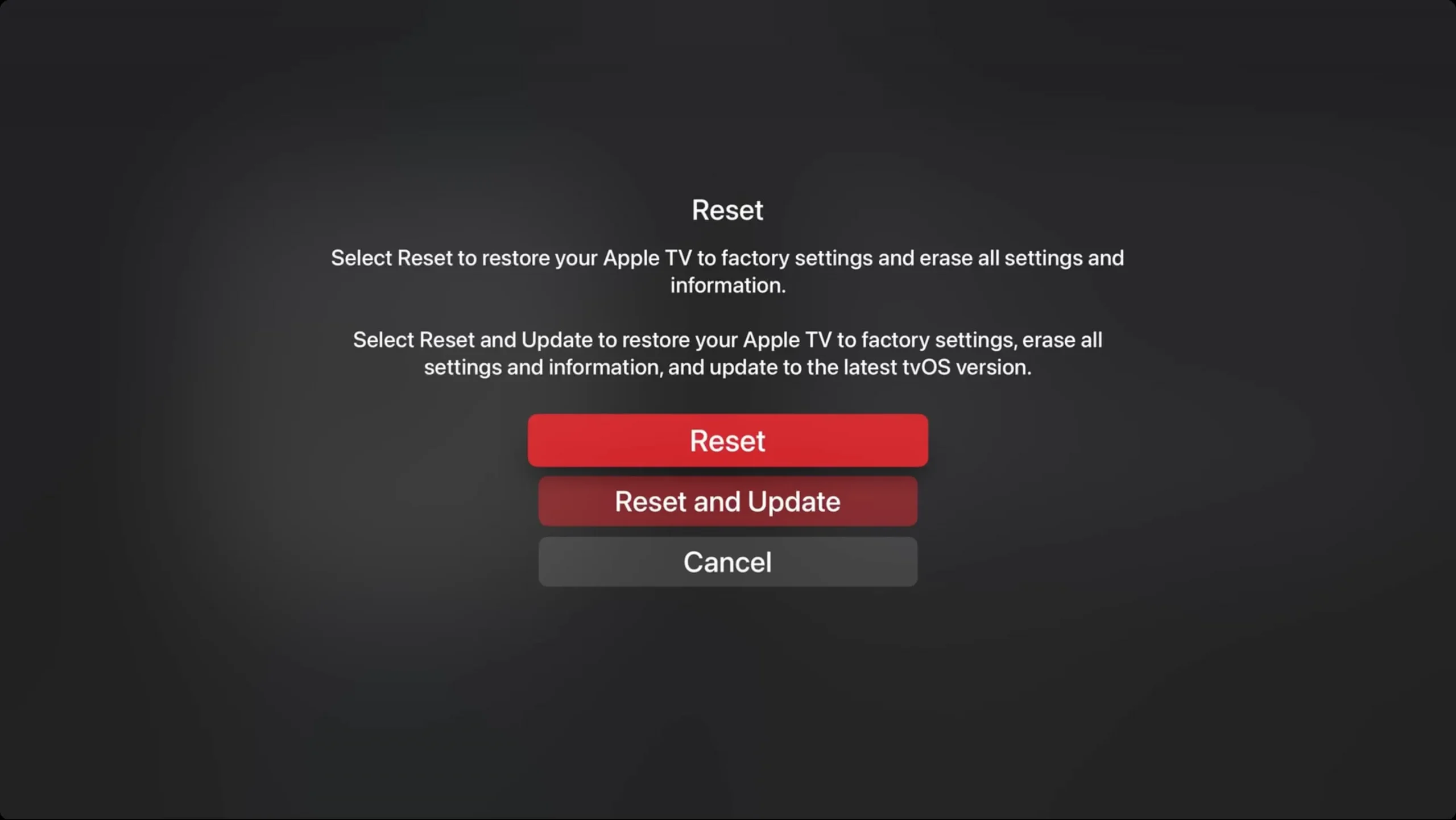 Bildschirm „Apple TV-Einstellungen zurücksetzen“.