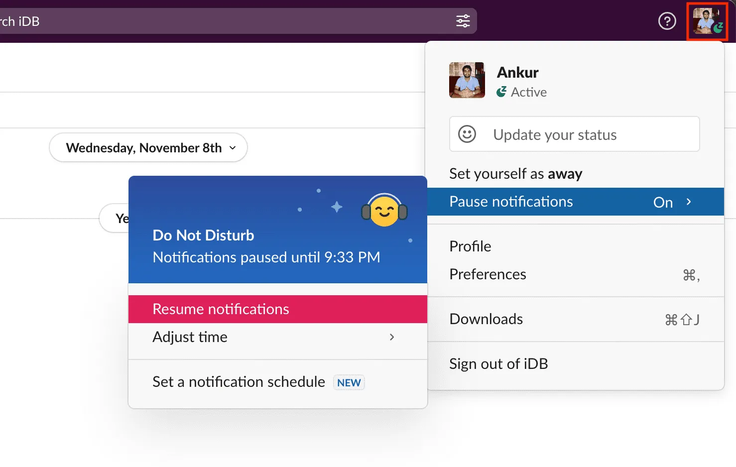 Option zum Fortsetzen von Benachrichtigungen in Slack