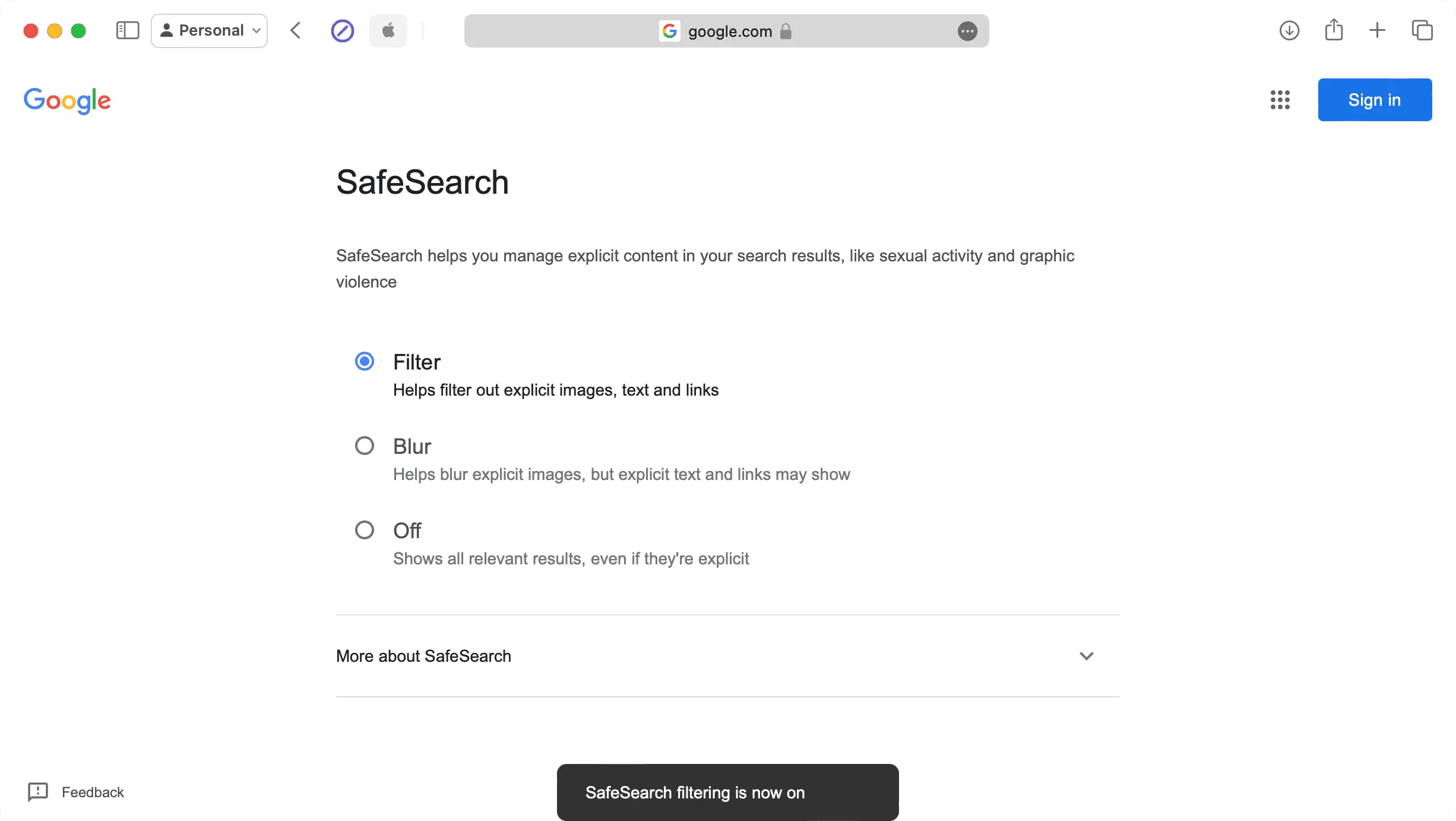 SafeSearch bei Google aktiviert