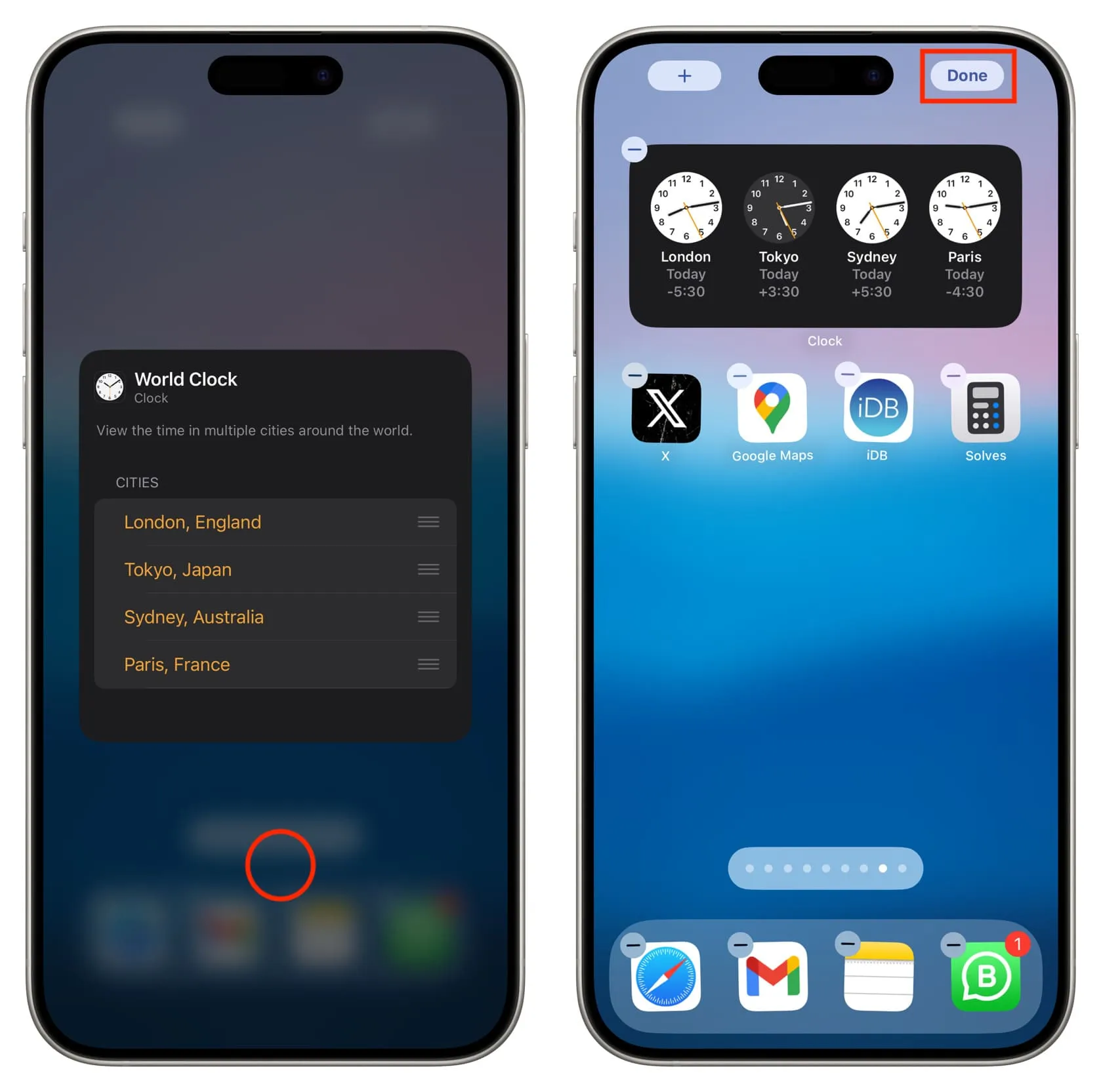 在 iPhone 上保存世界時鐘主螢幕小工具以及所需的添加城市