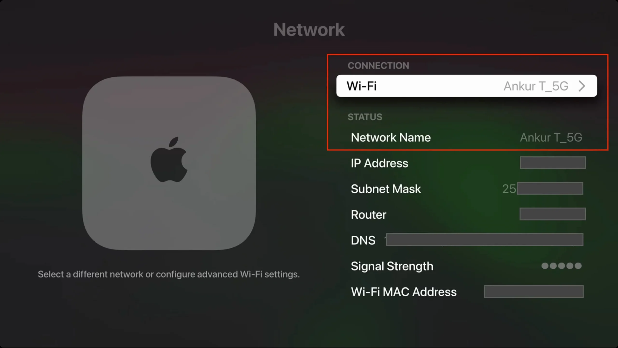 Sehen Sie sich das WLAN-Netzwerk an, mit dem Ihr Apple TV verbunden ist