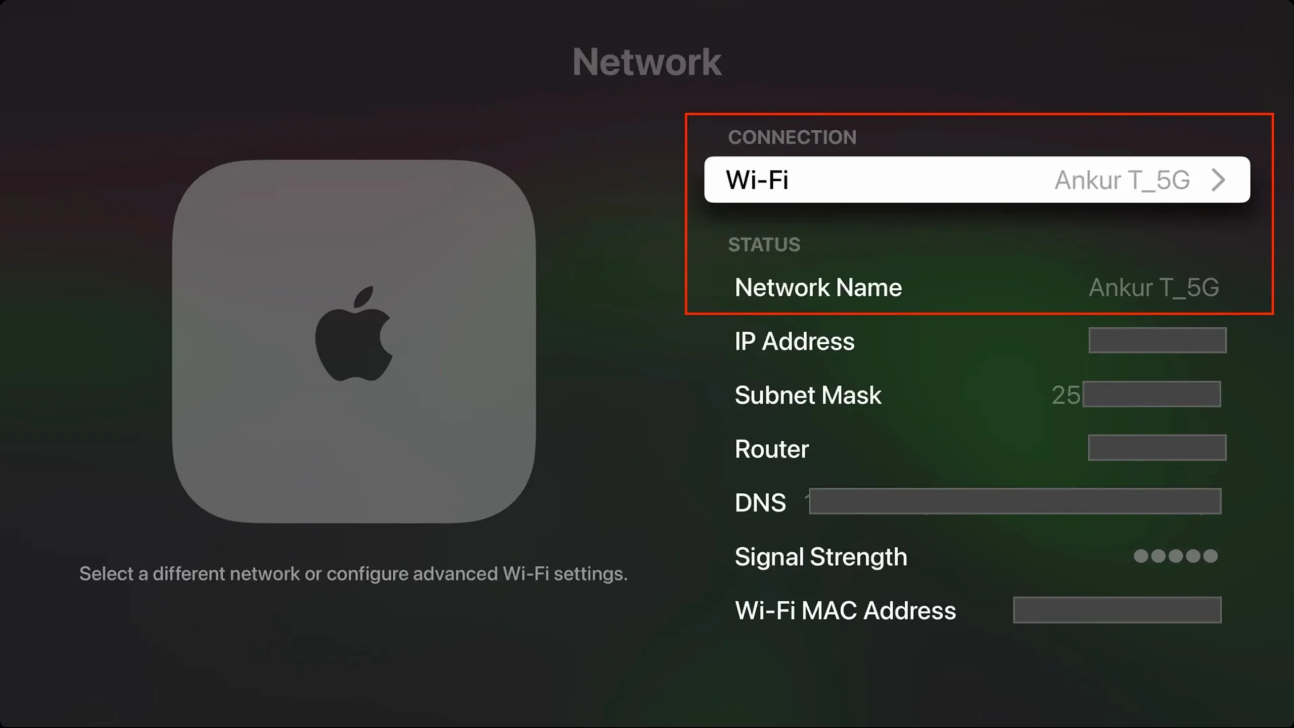 查看 Apple TV 連接的 Wi-Fi 網路