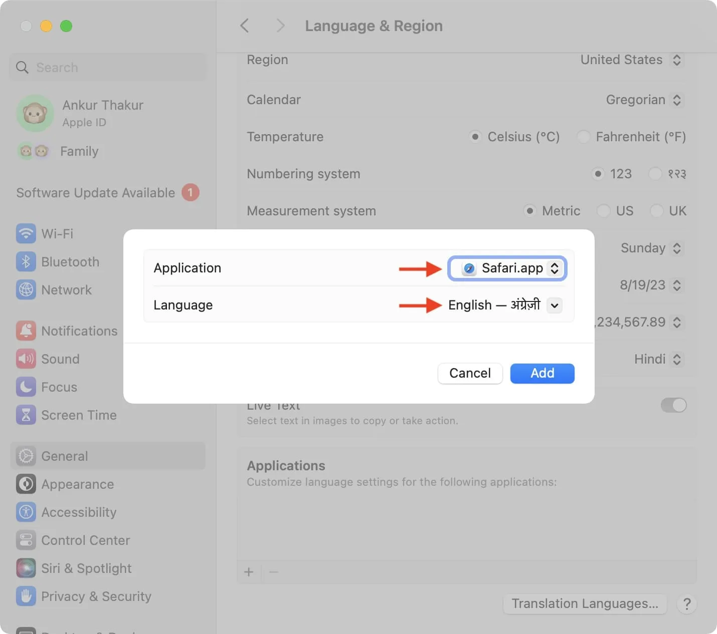 Wählen Sie die App und ihre neue Sprache auf dem Mac aus