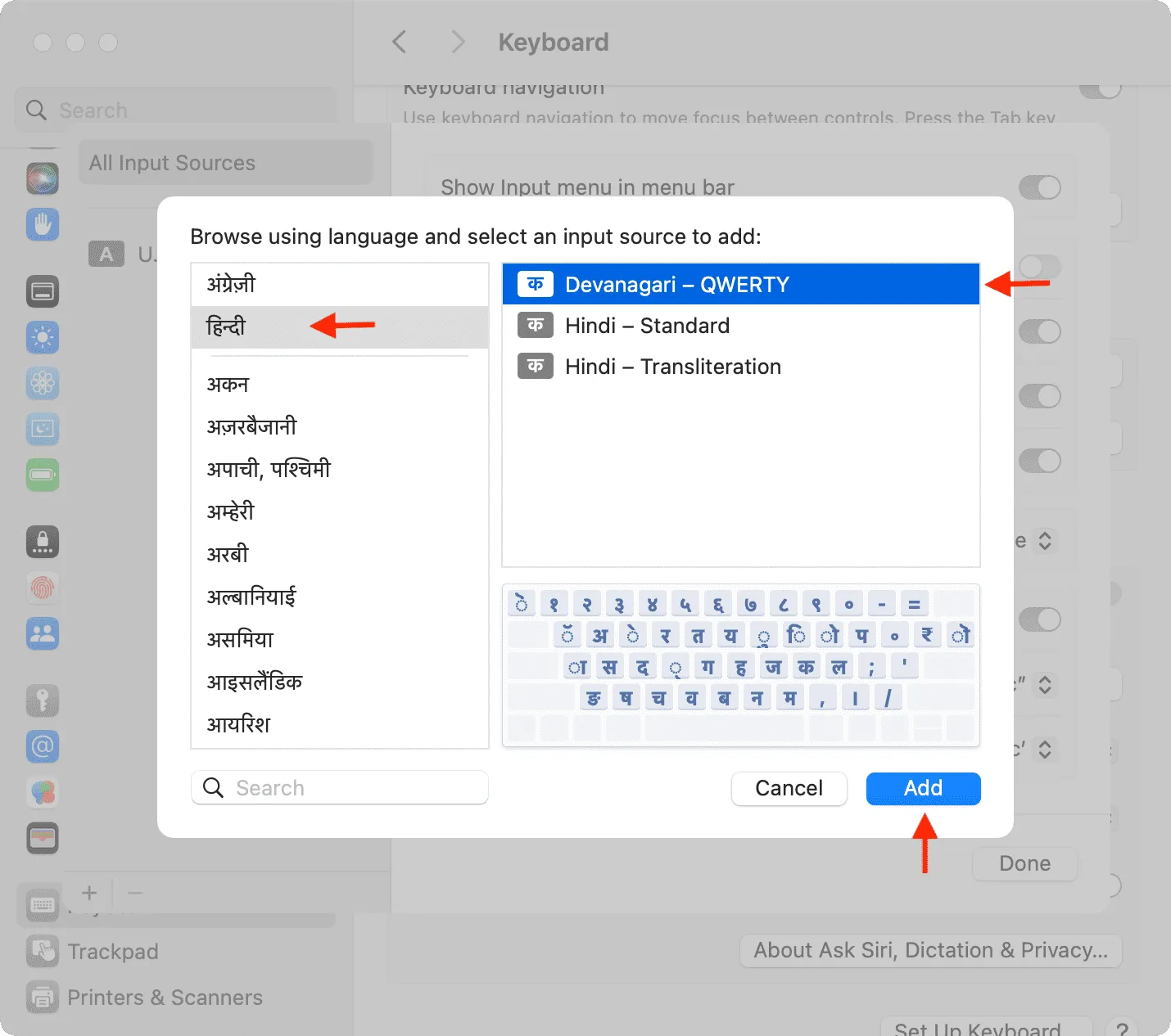 Wählen Sie eine neue Tastatursprache und klicken Sie auf Hinzufügen