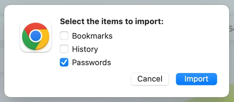 Выберите пароли для импорта из Chrome в Safari
