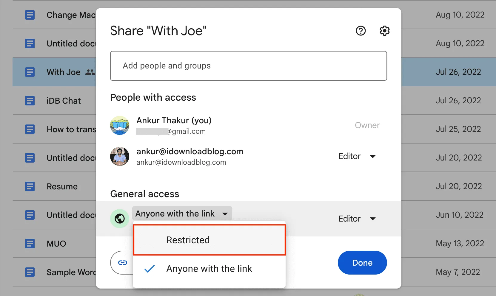 Définir le fichier Google Drive partagé sur Restreint sur le Web