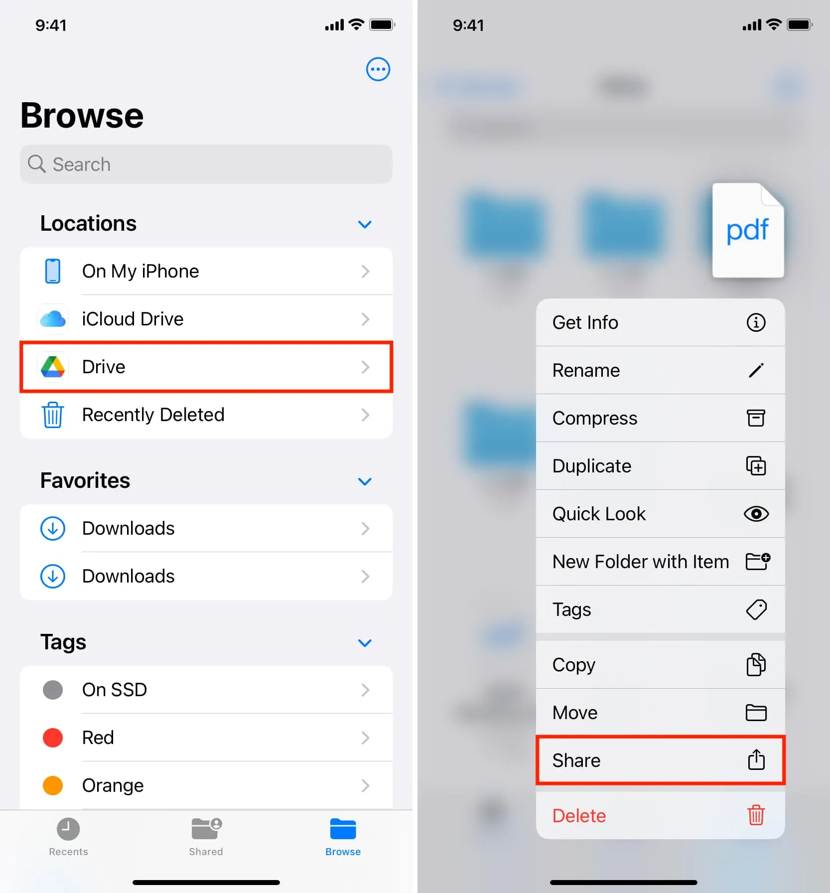 Partager un fichier Google Drive depuis l'application Fichiers sur iPhone