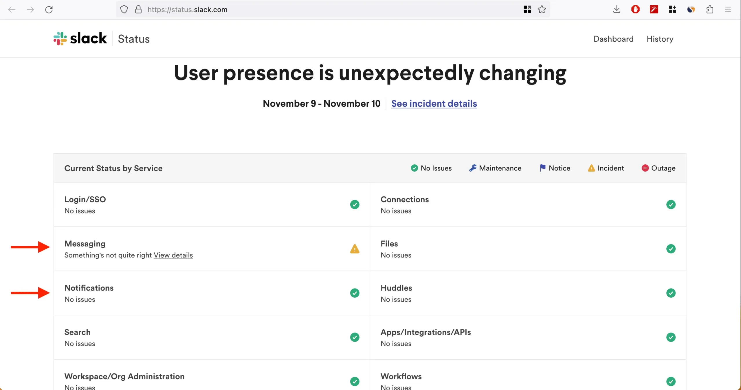 Slack-Serverstatus im Web