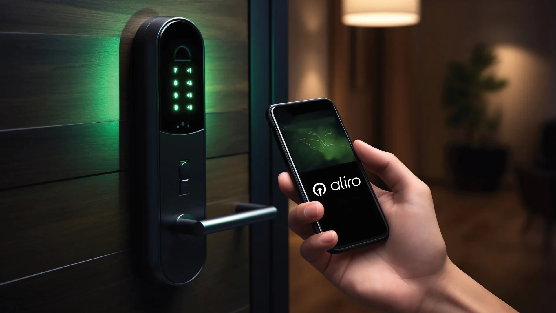 Smartphone mit Aliro-Logo auf dem Display, gehalten in der Nähe eines intelligenten Türschlosses