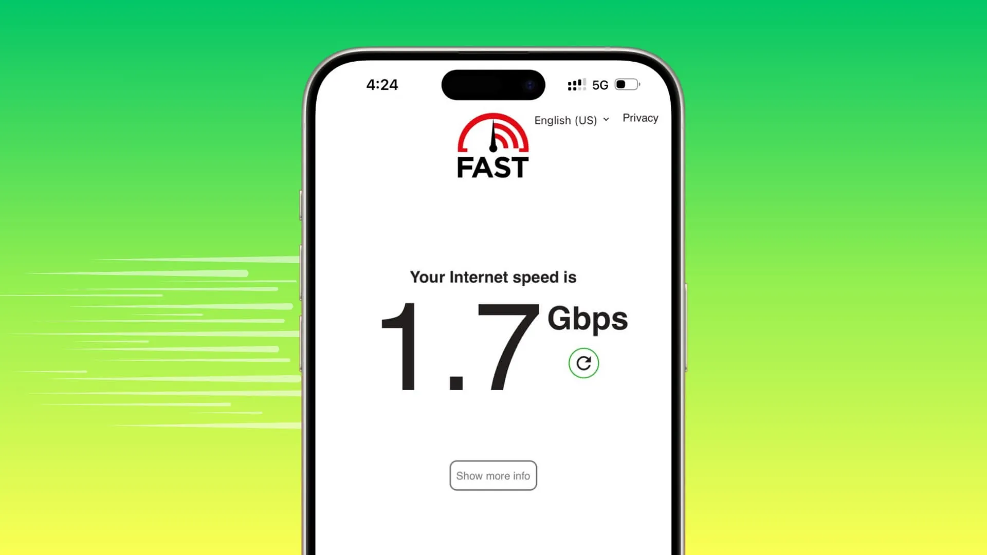 Test de vitesse sur iPhone à l'aide de l'application Fast affichant une vitesse de 1,7 Gbit/s