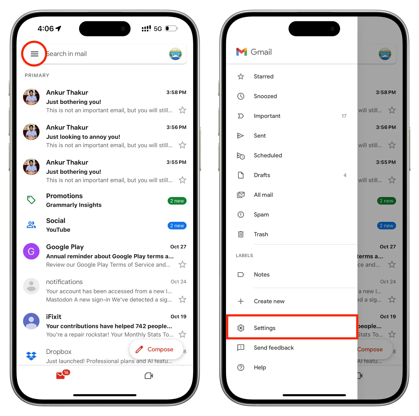 Tippen Sie auf das Menüsymbol und dann auf Einstellungen in der Gmail-App auf dem iPhone