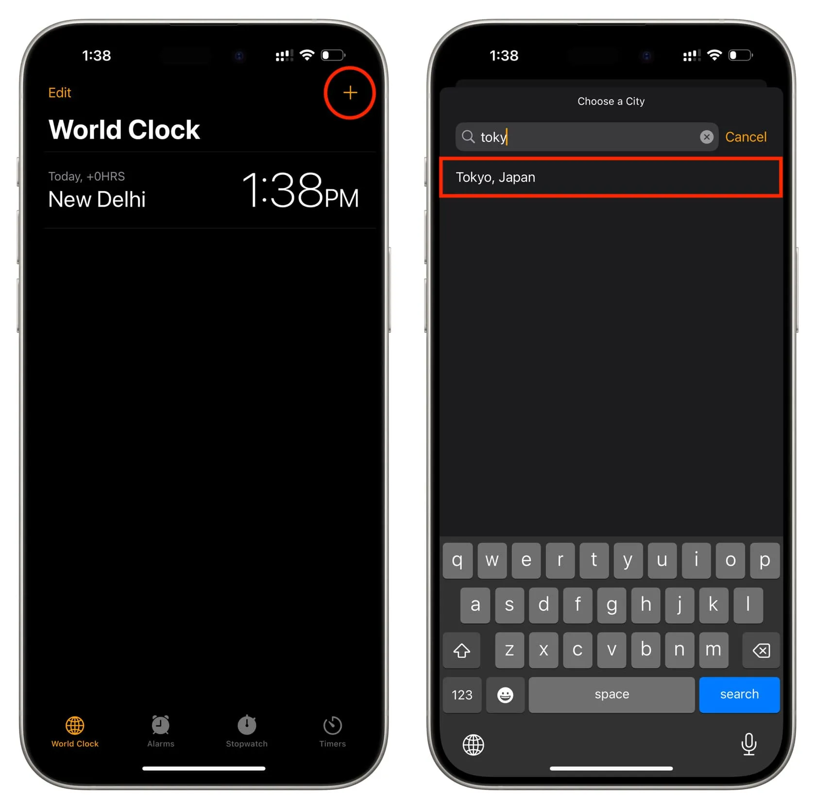 Tik op de plusknop in iPhone World Clock en voeg een nieuwe stad toe