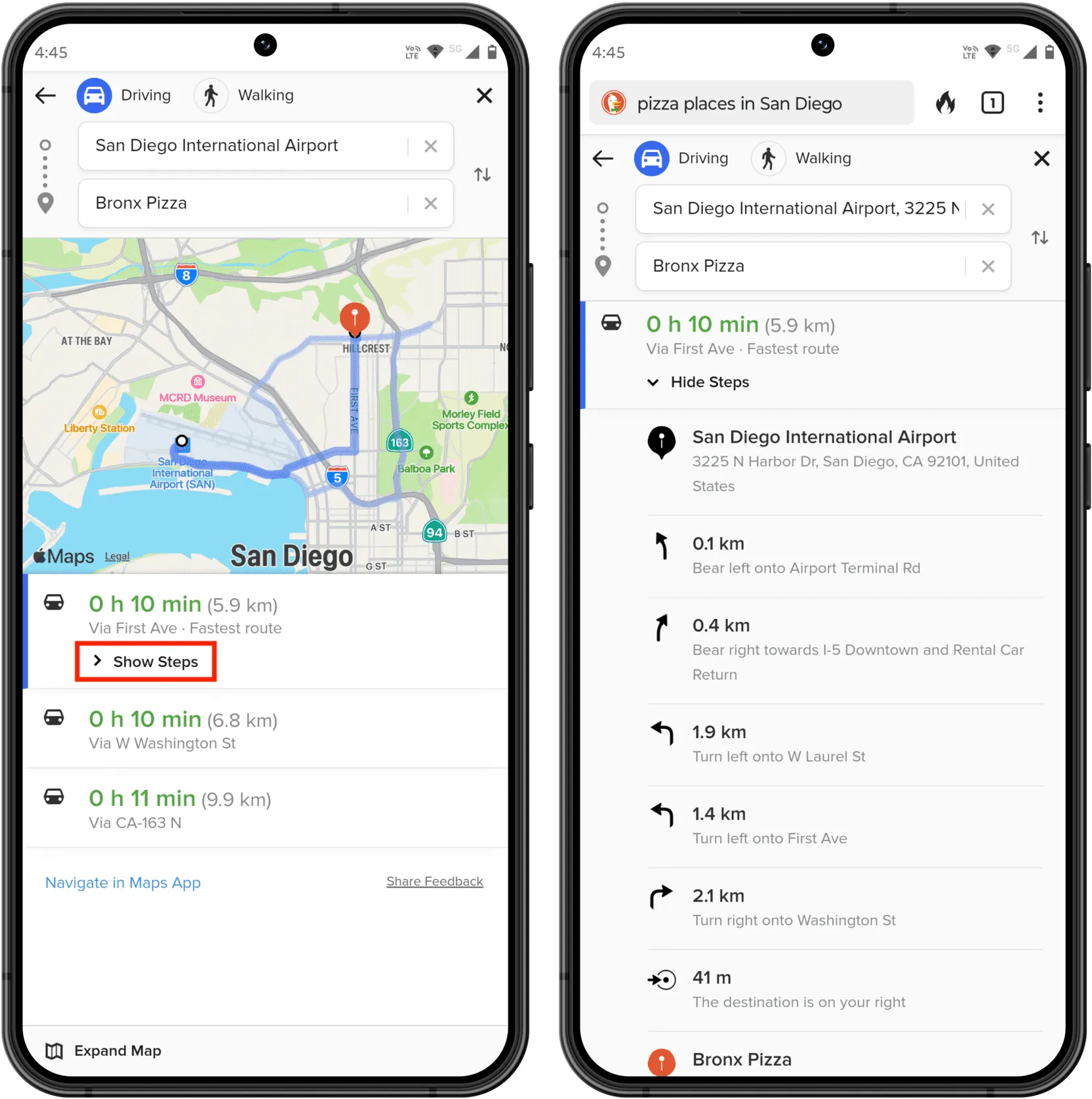 Itinéraires détaillés pour un lieu dans Apple Maps sur un téléphone Android