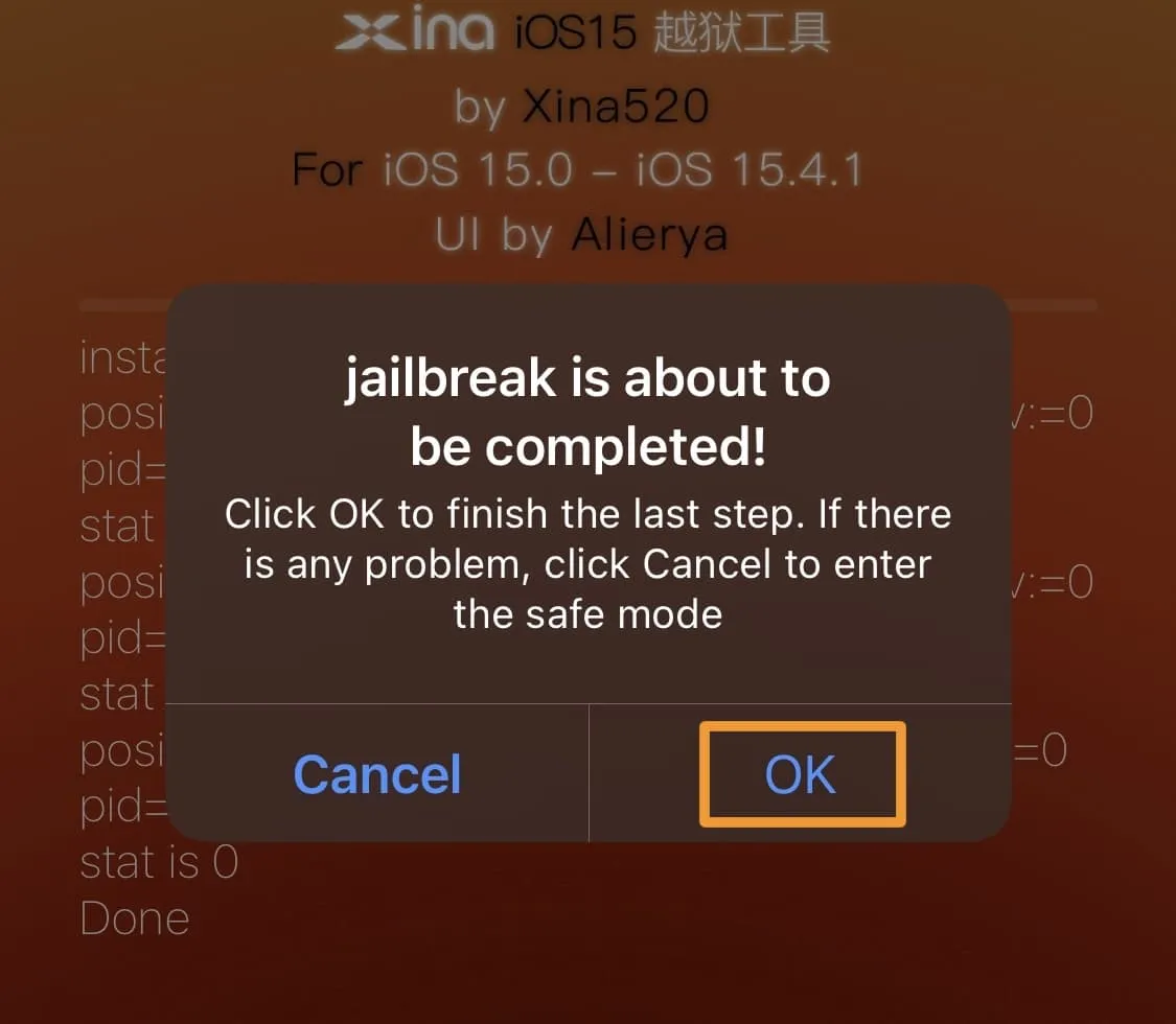 Bouton OK une fois le jailbreak XinaA15 v2 terminé.