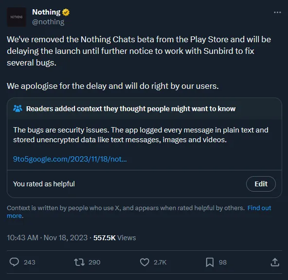 Nothing Chat's shut down post. Nothing Chat's shut down post.