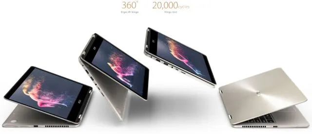A screenshot from Asus' ZenBook Flip 14 product page that advertises the hinge in question. A screenshot from Asus' ZenBook Flip 14 product page that advertises the hinge in question.
