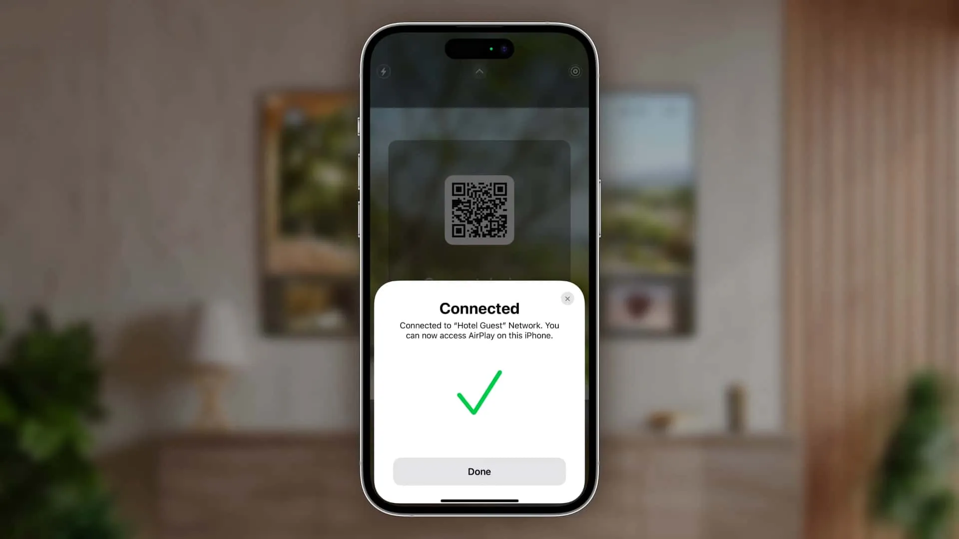Message confirming AirPlay authorization to use a hotel room TV Message confirming AirPlay authorization to use a hotel room TV