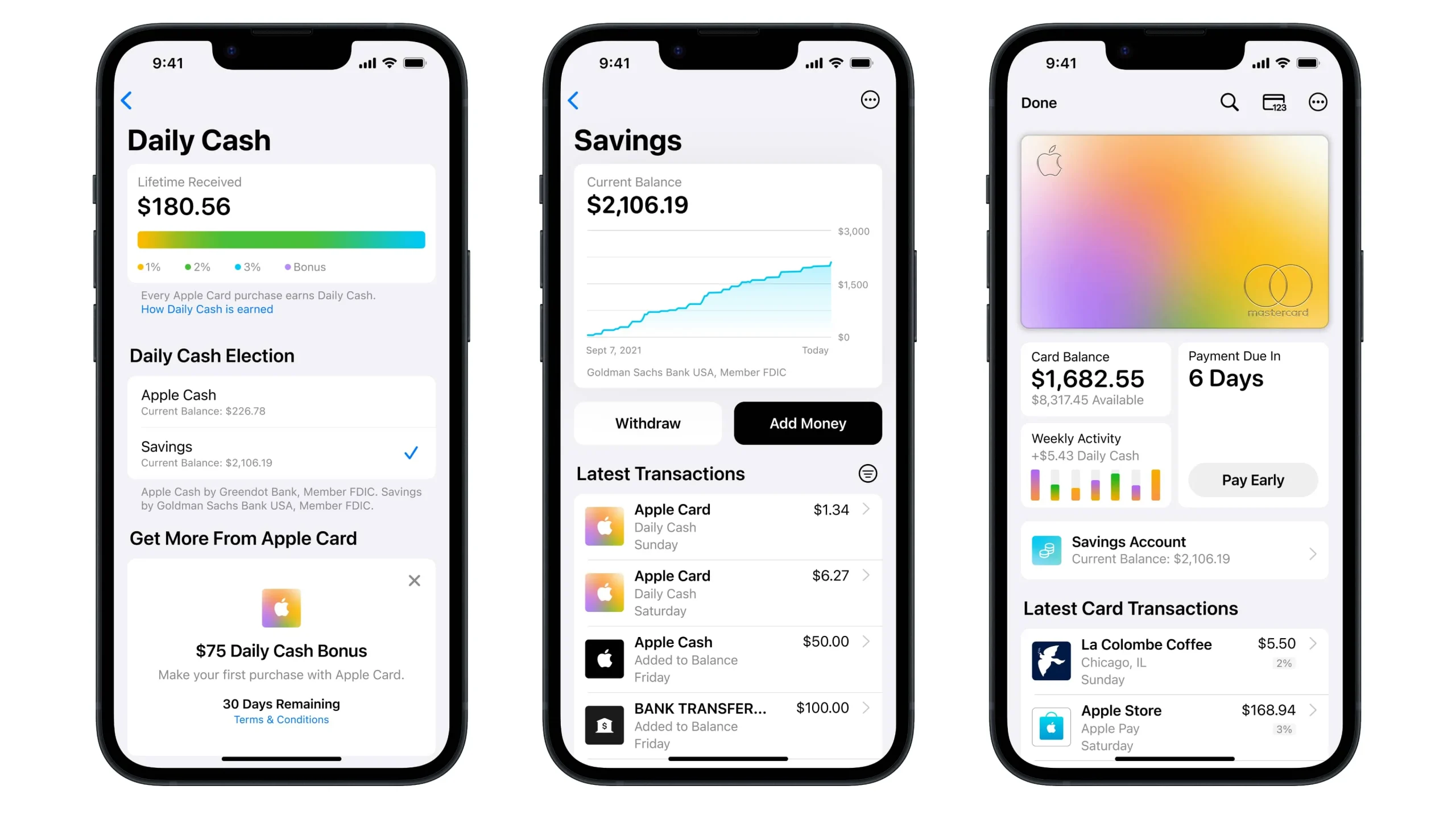 Drei iPhone-Screenshots zeigen das Apple Card-Sparkonto in der Wallet-App
