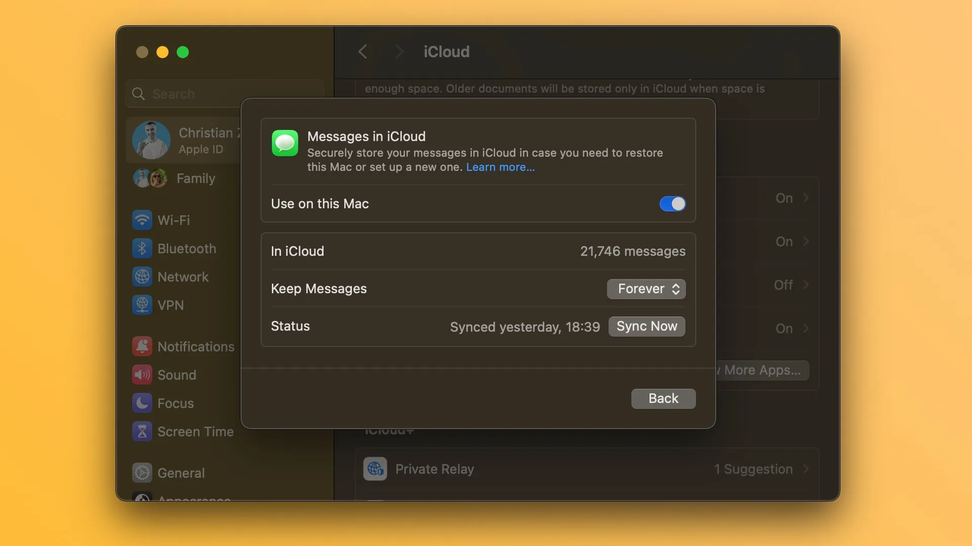 macOS System Settings showing iCloud sync settings for the Messages app macOS System Settings showing iCloud sync settings for the Messages app