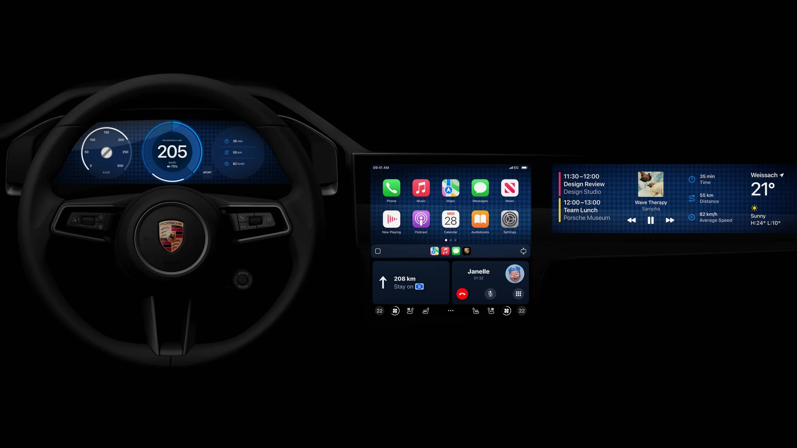 Intérieur de la voiture Aston Marttin présentant l’interface CarPlay de nouvelle génération