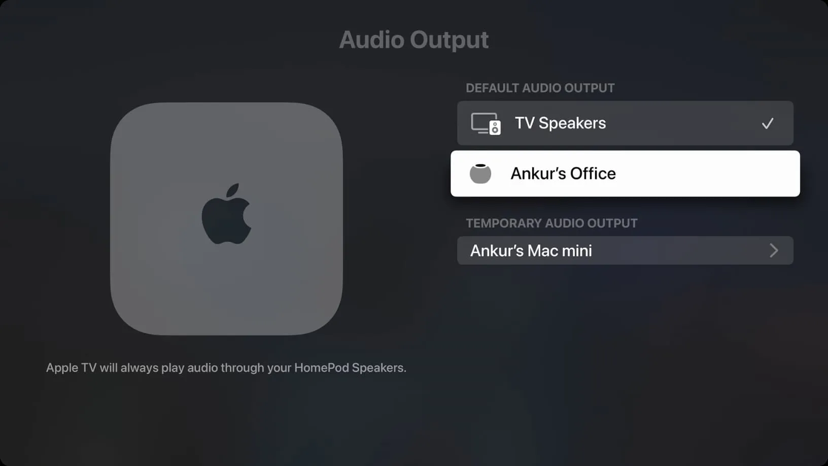 Configuración de salida de audio en Apple TV