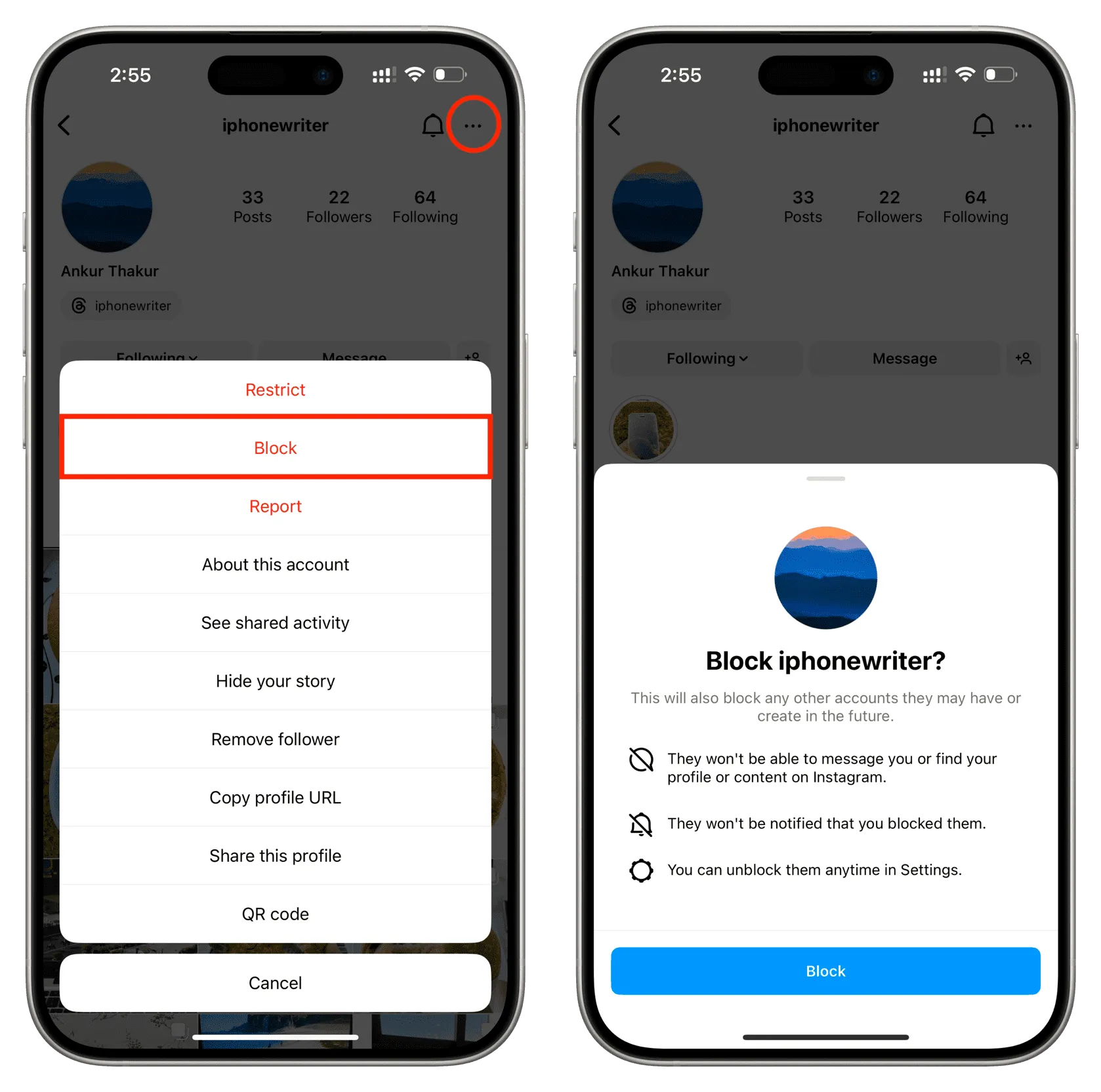Block a user in Instagram app on iPhone Block a user in Instagram app on iPhone